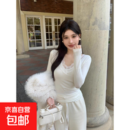 【親膚柔軟】設計感蕾絲花邊V領(lǐng)木耳邊T恤女修身打底衫上衣潮XXC 白色【優(yōu)質(zhì)款】 M 90-105斤