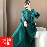 時尚褶皺連衣裙春秋高級感長款裙子歐美大碼女裝連衣長裙 墨綠色 均碼