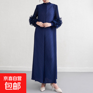 時尚褶皺連衣裙春秋高級感長款裙子歐美大碼女裝連衣長裙 藏青色 均碼