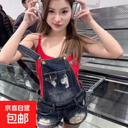 美式復(fù)古辣妹水洗磨破破洞背帶褲牛仔新款背帶短褲夏季連體褲子 復(fù)古藍(lán)【高品質(zhì)】 S  建議 89-99斤左右