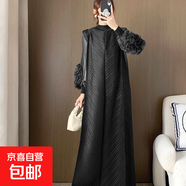 時尚褶皺連衣裙春秋高級感長款裙子歐美大碼女裝連衣長裙 黑色 均碼