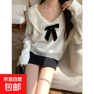 溫柔風氣質時尚灰色蝴蝶結娃娃領針織衫女春秋季甜美減齡毛衣上衣 4293米白 XL  【建議121斤-135斤】