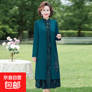 媽媽裝春節(jié)披肩兩件套連衣裙中老年女新中式喜婆婆顯瘦春秋新款裙 9241綠色花 5XL