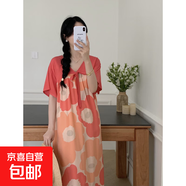新中式棉綢睡裙襦裙女夏印花多巴胺度假甜美女士寬松連衣裙綿綢裙 大花紅 均碼 (150斤以?xún)?