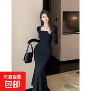 復古純色連衣裙女秋冬長(cháng)袖修身打底內搭裙子收腰中長(cháng)款包臀魚(yú)尾裙 黑色 XL