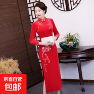 秋冬加絨加厚旗袍女金絲絨長(cháng)袖改良媽媽喜慶婚禮服長(cháng)款繡花連衣裙 紅色 20026 4XL 建議140-155斤