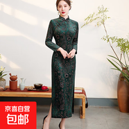 老上海旗袍秋冬新款加絨加厚高端雪貂絨改良版媽媽裝復(fù)古連衣裙女 墨綠色 22025 3XL 建議135-150斤