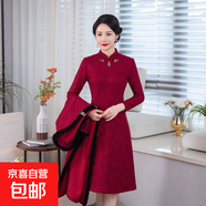 秋冬旗袍新款加絨加厚中老年媽媽日常修身改良連衣裙復古國風(fēng)禮服 酒紅色（裙子） Q828 5XL 建議145-160斤