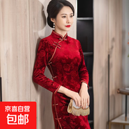 秋冬加絨旗袍長(cháng)款復古中年女時(shí)尚媽媽日常改良連衣裙宴會(huì )喜婆婆服 紅色 Q830 4XL 建議135-145斤