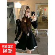 蕾絲拼接連帽針織連衣裙女秋季收腰裙子設(shè)計(jì)感甜辣風(fēng)長(zhǎng)袖a字短裙 黑色 S