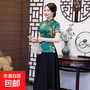 漢服夏裝旗袍上衣改良復古唐裝中國風短袖女裝盤扣中式日常茶藝服 墨綠色套裝 QY21011 XL 建議101-113斤