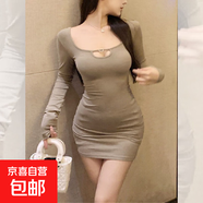 純欲性感辣妹顯瘦氣質(zhì)長袖連衣裙女秋冬小個子內(nèi)搭收腰包臀短裙子 花咖色 S