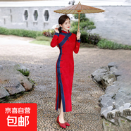 秋季新款媽媽長(cháng)款旗袍紅色長(cháng)袖連衣裙唐裝婚宴禮服改良中國風(fēng)漂亮 紅色 22016 3XL 建議125-140斤