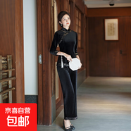 媽媽秋冬金絲絨套裝中年女民族風(fēng)旗袍上衣褲子兩件套時(shí)尚新款兩件 黑色 809 2XL 建議110-125斤
