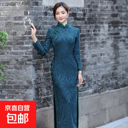 旗袍中年女媽媽婚禮服時(shí)尚年秋冬款大碼加絨喜婆婆婚宴裝連衣裙子 孔雀藍(lán) 22028 XL 建議100-115斤