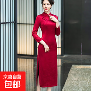 旗袍新款長(cháng)款復古中國風(fēng)修身改良版春秋媽媽裝宴會(huì )喜婆婆氣質(zhì)斜襟 酒紅色 QY2429 2XL 建議115-125斤