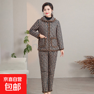 中老年媽媽冬裝加絨翻領(lǐng)格子棉衣套裝奶奶保暖棉襖棉褲兩件套睡衣 綠色 688 4XL 建議140-155斤