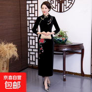 秋冬加絨加厚旗袍女金絲絨長袖改良媽媽喜慶婚禮服長款繡花連衣裙 黑色 20026 XL 建議95-110斤