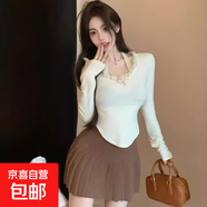 純欲性感保暖一字領(lǐng)拼接蕾絲花邊打底T恤女修身長(zhǎng)袖短款上衣女T潮 杏色 XL