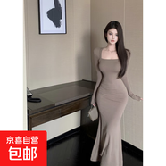 復古純色連衣裙女秋冬長(cháng)袖修身打底內搭裙子收腰中長(cháng)款包臀魚(yú)尾裙 咖色 L