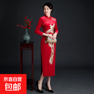 高檔加絨加厚旗袍裙改良版中式婚禮服中長款媽媽裝顯瘦遮肚連衣裙 大紅色 21027 5XL 建議155-170斤