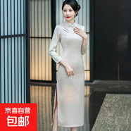 旗袍新款長(cháng)款復古中國風(fēng)修身改良版春秋媽媽裝宴會(huì )喜婆婆氣質(zhì)斜襟 米色 QY2429 2XL 建議115-125斤