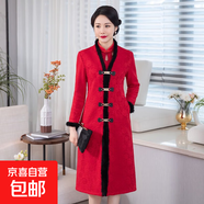 秋冬旗袍新款加絨加厚中老年媽媽日常修身改良連衣裙復(fù)古國風(fēng)禮服 紅色（套裝） Q828 L 建議80-100斤