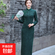 旗袍中年女?huà)寢尰槎Y服時(shí)尚年秋冬款大碼加絨喜婆婆婚宴裝連衣裙子 墨綠色 22028 XL 建議100-115斤