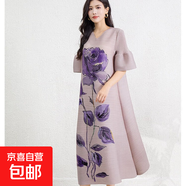 高級感復(fù)古印花連衣裙女春夏款氣質(zhì)喇叭袖大碼顯瘦褶皺A字裙 土色 均碼