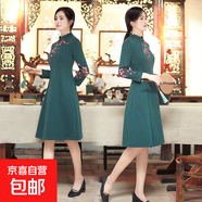 婚禮媽媽禮服喜婆婆婚宴裝復(fù)古改良旗袍裙秋冬新款氣質(zhì)高貴連衣裙 墨綠色 822 3XL 建議130-140斤