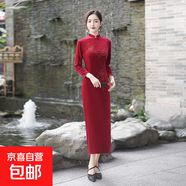 媽媽金絲絨旗袍長(cháng)款刺繡改良高貴婚禮喜婆婆婚宴禮服洋氣女連衣裙 酒紅色 807 XL 建議110-120斤