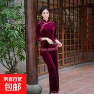 媽媽秋冬金絲絨套裝中年女民族風(fēng)旗袍上衣褲子兩件套時(shí)尚新款兩件 紫紅色 809 L 建議95斤以下