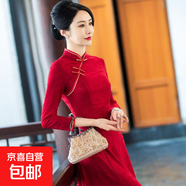 秋冬加絨旗袍長(zhǎng)款復(fù)古中年女時(shí)尚媽媽日常改良連衣裙宴會(huì)喜婆婆服 紅色 QY2401 3XL 建議125-135斤