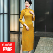 旗袍新款長(cháng)款復古中國風(fēng)修身改良版春秋媽媽裝宴會(huì )喜婆婆氣質(zhì)斜襟 金色 QY2429 2XL 建議115-125斤