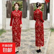 加厚彈力韓國絨燙金旗袍婚宴喜婆婆禮服秋季新中式國風(fēng)日常連衣裙 紅色 QY2517 4XL 建議140-155斤