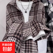 千鳥(niǎo)格襯衫女2025秋季新款設計感寬松休閑襯衣外套 卡其 4XL 165-185斤