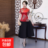 漢服夏裝旗袍上衣改良復古唐裝中國風短袖女裝盤扣中式日常茶藝服 酒紅色套裝 QY21011 XL 建議101-113斤