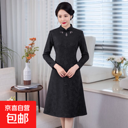 秋冬旗袍新款加絨加厚中老年媽媽日常修身改良連衣裙復古國風禮服 黑色（裙子） Q828 4XL 建議135-145斤