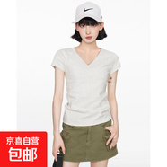 【都市麗人制造商】灰色V領(lǐng)正肩螺紋短袖t恤女夏季修身顯瘦上衣 麻灰色【V領(lǐng)】 L  【102-114斤】