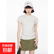 【都市麗人制造商】灰色V領(lǐng)正肩螺紋短袖t恤女夏季修身顯瘦上衣 麻灰色【小圓領(lǐng)】 2XL  【125-140斤】