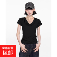 【都市麗人制造商】V領(lǐng)正肩螺紋短袖t恤女新款修身百搭棉質(zhì)上衣 黑色【V領(lǐng)】 L  【102-114斤】