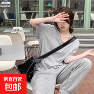 【都市麗人制造商】雪花棉短袖T恤女V領(lǐng)松棉麻薄款冰絲百搭上衣 灰色 L  【105-120斤】