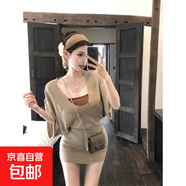 辣妹蝙蝠袖u領(lǐng)針織連衣裙女夏季修身收腰短裙設(shè)計感疊穿包臀裙子 咖色 均碼