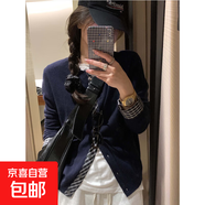 簡(jiǎn)約時(shí)尚拼接格子單排扣針織開(kāi)衫上衣女秋冬別致顯瘦毛衣打底外套 4400藏青 XL  【建議121斤-135斤】