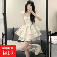 法式碎花小飛袖連衣裙女夏2025新款甜美蓬蓬裙蛋糕裙高腰吊帶短裙 小飛袖蓬蓬裙 S
