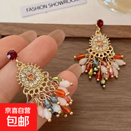 超仙彩色水晶流蘇耳環(huán)復(fù)古夸張民族風(fēng)小眾設(shè)計波西米亞耳墜耳飾女 銀針—彩色水晶流蘇