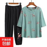 媽媽春夏裝大碼寬松棉麻套裝女中老年中袖T恤刺繡老年人奶奶上衣 淺綠色（套裝） XL (參考85-100 斤)