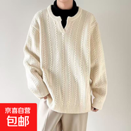 美式復(fù)古麻花設(shè)計(jì)感毛衣男女情侶慵懶感亨利領(lǐng)寬松套頭針織衫 杏色 厚款 M
