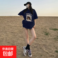 美式復(fù)古短袖t恤女2025新款夏季純棉可愛(ài)設(shè)計(jì)感小眾寬松學(xué)生上衣 藏青色 L