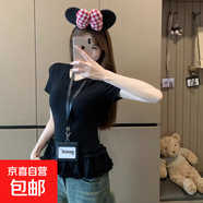 圓領(lǐng)短袖T恤女夏季新款甜美風(fēng)荷葉邊小眾收腰設計感別 黑色 L